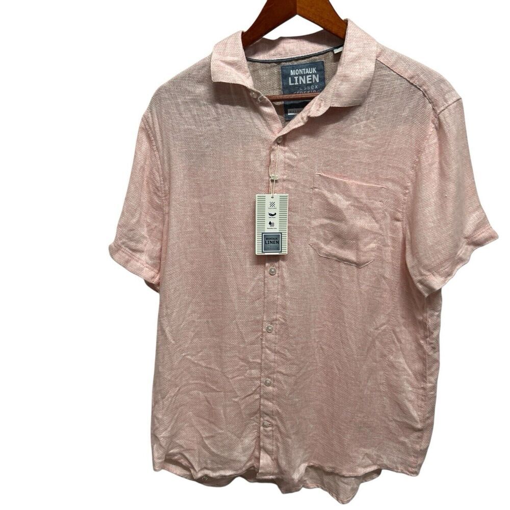 Montauk Linen Essex Crossing Shirt Men Medium M Pink Button Up Short Sleeve Pink